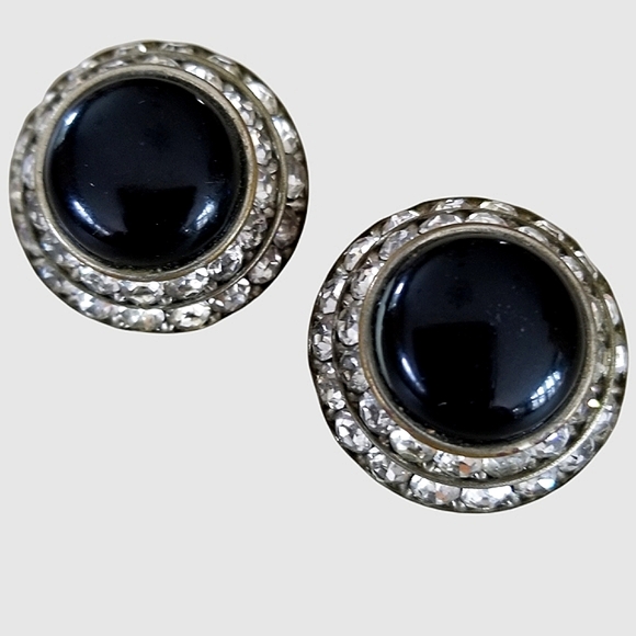 Vintage 1950s Mid Century Round Black Acrylic Bead Rhinestone Clip On Earrings - Picture 7 of 12
